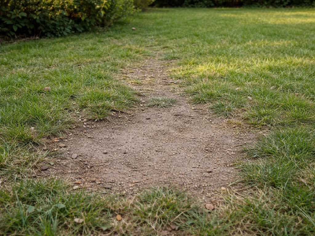 Gazon clairsemé avec une plaque de terre nue, signes de piétinement et sol compacté.