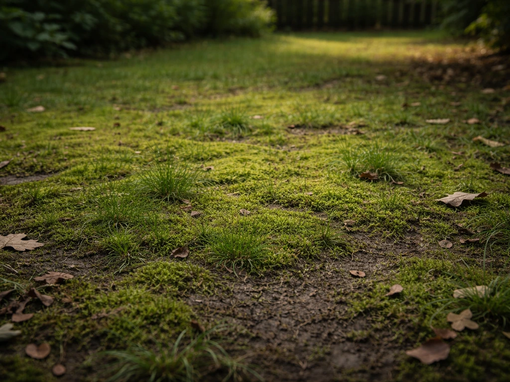 Pelouse humide parsemée de tapis de mousse, sol sombre et compacté, ambiance de jardin ombragée.