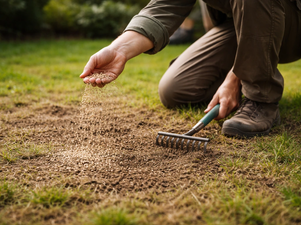 Sur une pelouse partiellement dégradée, un jardinier ratisse et sème finement par-dessus l’herbe existante.