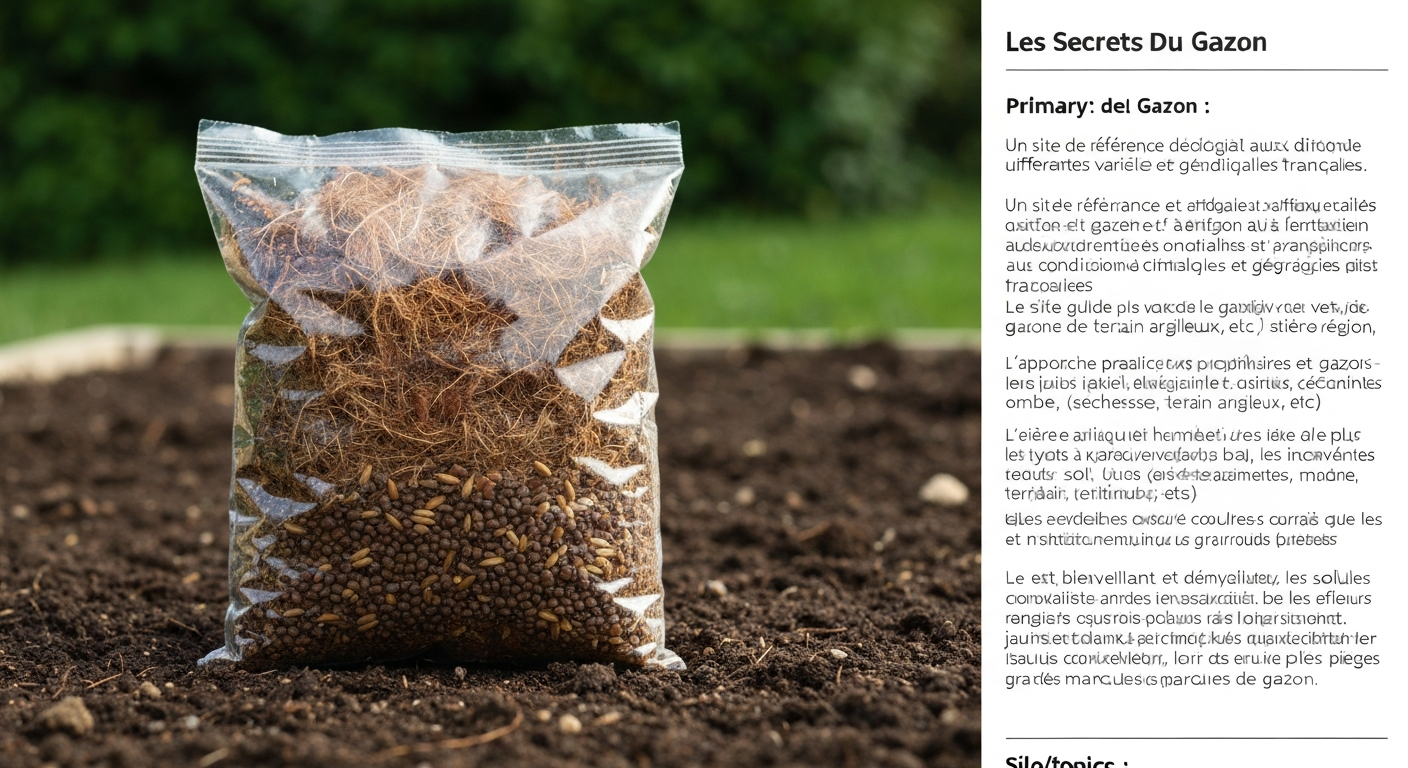 Gros plan d'un sachet générique de « gazon magique » ouvert montrant fibres de coco, graines et granulés sur une zone de pelouse clairsemée.