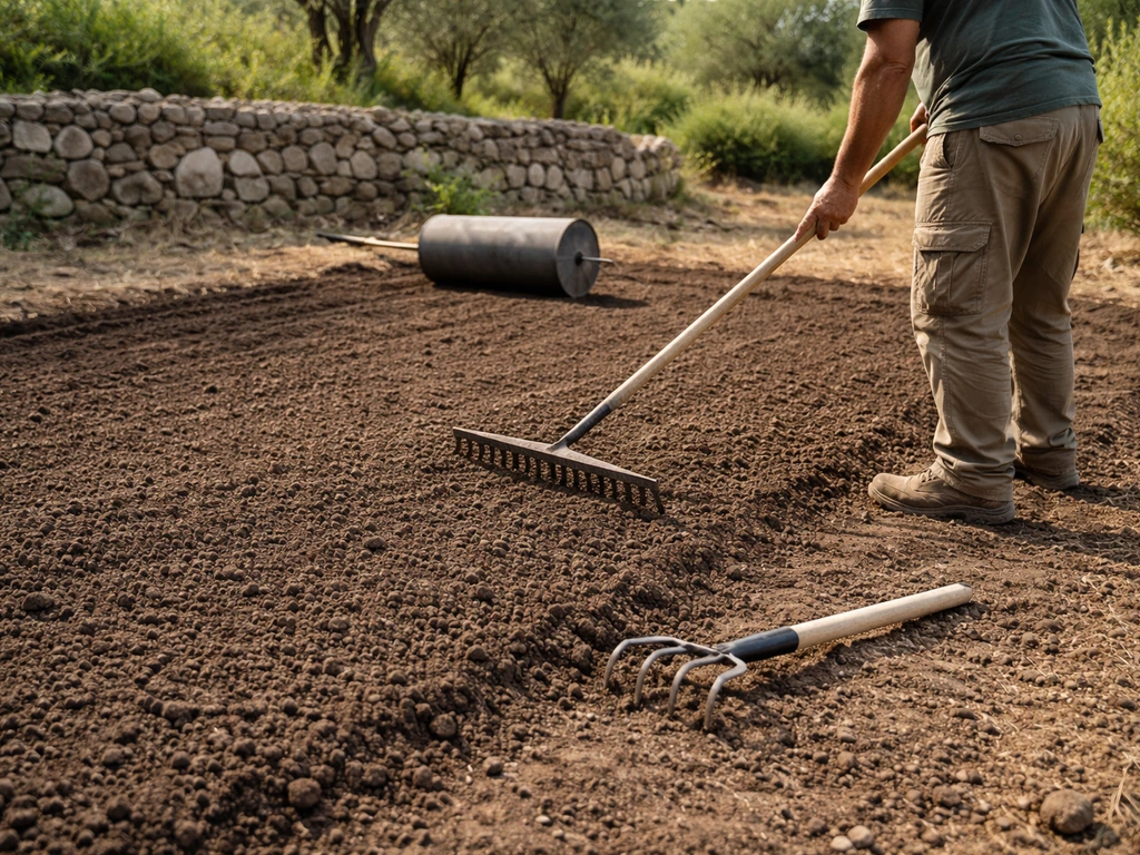 Jardinier ratisse un lit de semences finement ameubli en Corse, avec râteau, griffes et rouleau de nivellement.