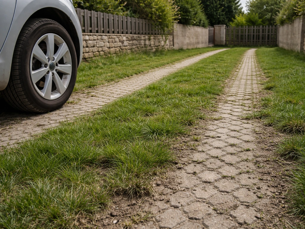 Allée de jardin avec gazon carrossable abîmé par un passage de voiture, montrant la limite d’usage.