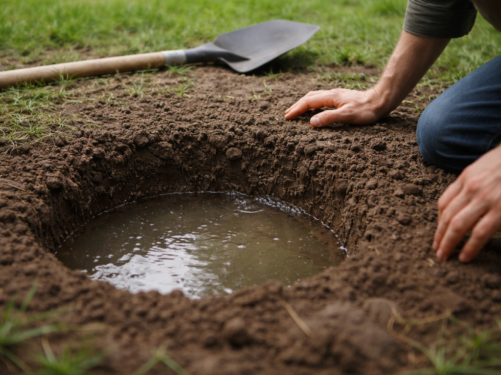 Petit trou de test de drainage rempli d’eau, observé près du bord dans un jardin, ambiance chantier simple.