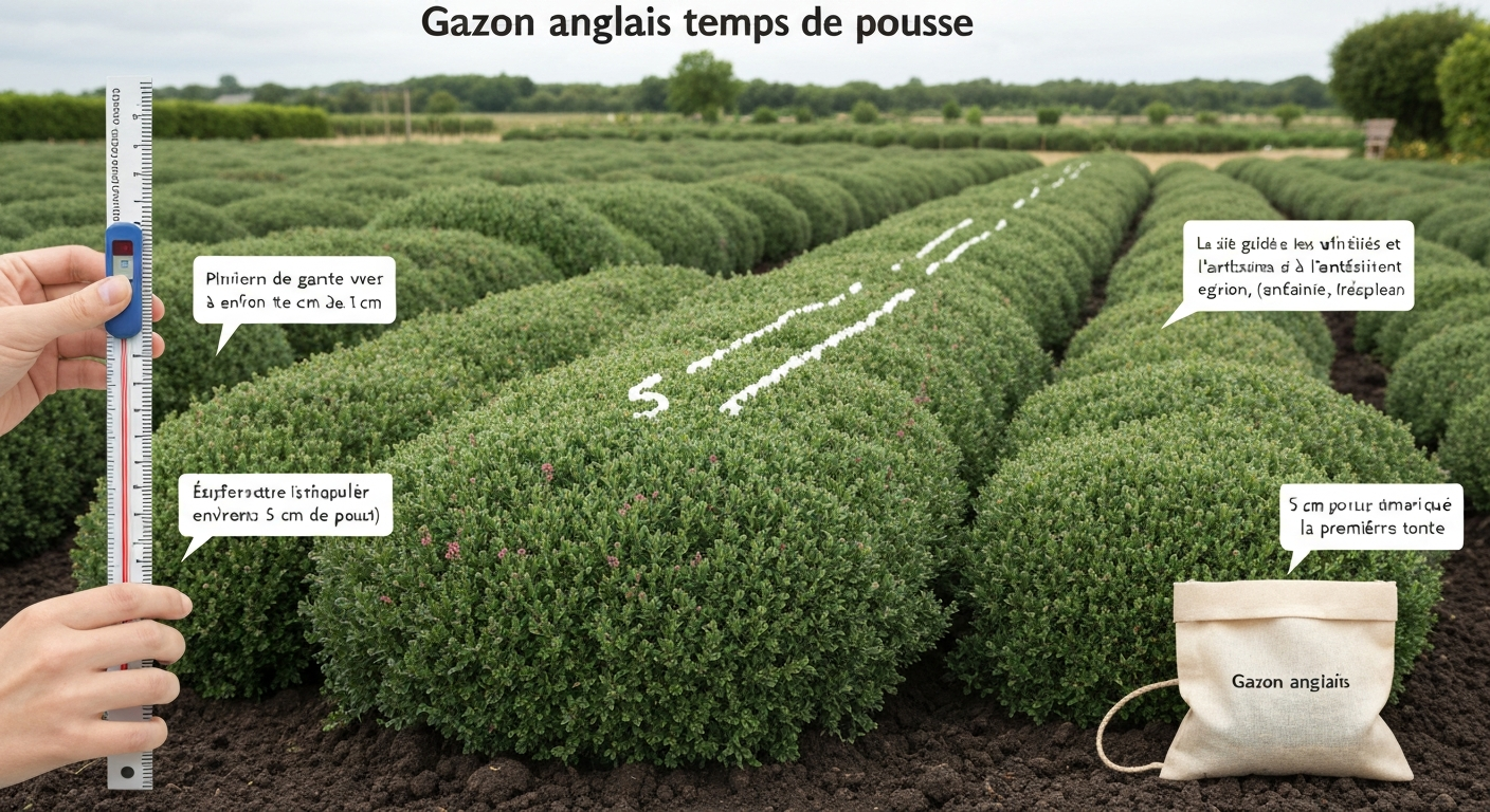 Pelouse anglaise dense au matin avec rosée, main insérant un thermomètre de sol et règle montrant 5 cm, sac de semences 'Gazon anglais' sur terre ameublie