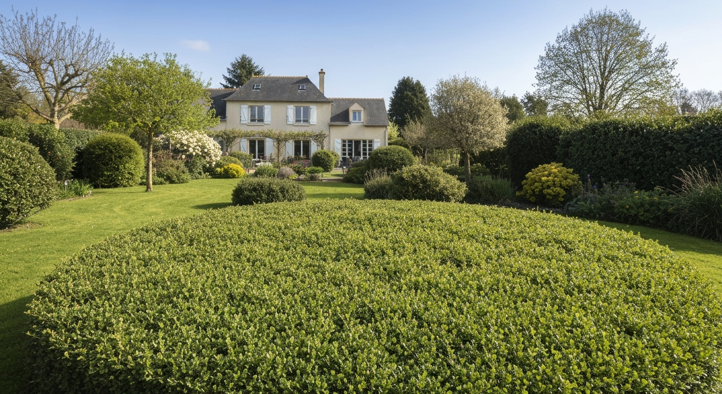Pelouse domestique française bien entretenue au printemps, vue large sur un gazon dense et vert bordé de haies, lumière douce matinale, sans logo ni marque