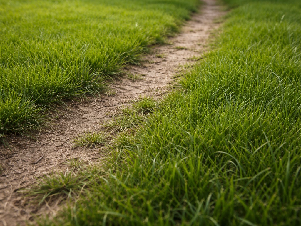 Pelouse de jardin dense et régénérée, texture visible après piétinement près d’une zone de passage
