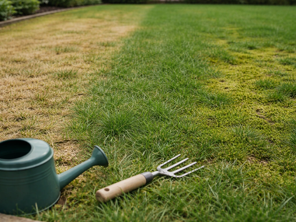 Pelouse avec zones jaunies, clairsemées et mousse, vue rapprochée, outil de jardin au sol.