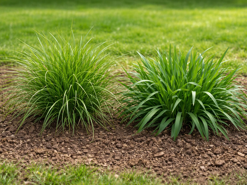 Comparaison réaliste de feuilles de ray-grass anglais et de pâturin des prés sur un sol de jardin.