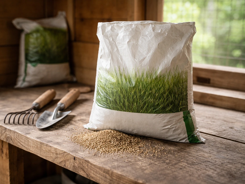 Sac de semences de gazon rustique près d’un râteau, avec des graines visibles et un arrière-plan de jardin flou.