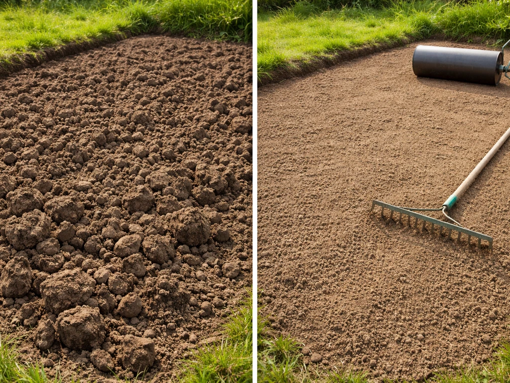 Terre décompactée et nivelée pour le semis de gazon, puis surface prête avec râteau et rouleau visibles