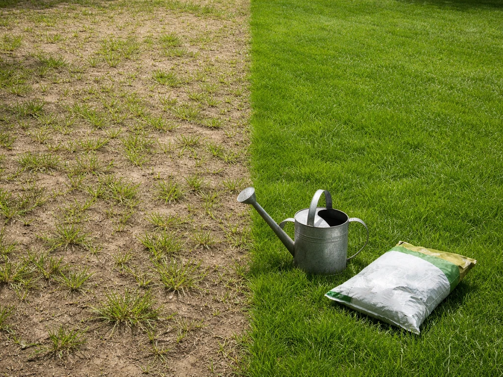 Pelouse avec deux zones contrastées : clairsemée jaunâtre à gauche et dense verdoyante à droite, même lumière naturelle.