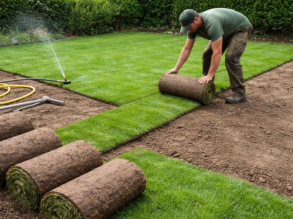 Chantier de pose de gazon en rouleau en France : rouleaux au sol et préparation du lit de plantation