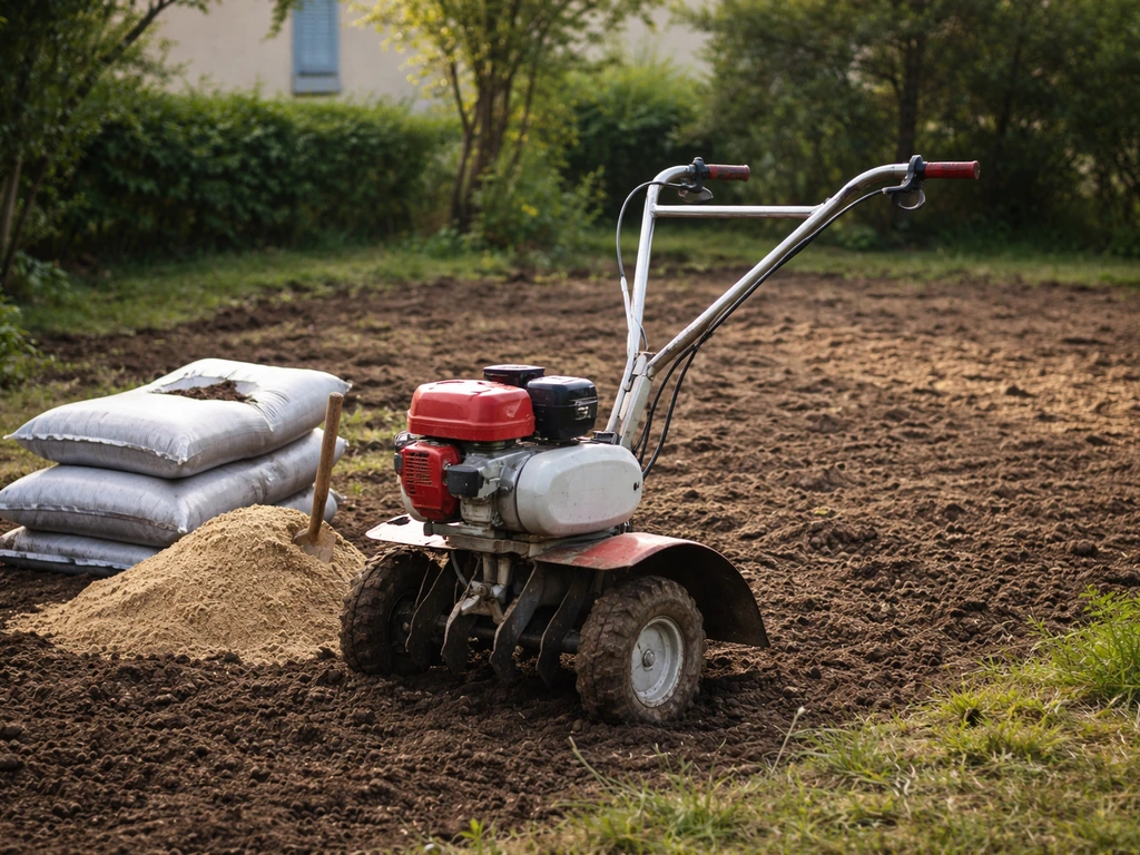 Décompacteur ou motoculteur dans un jardin, avec sacs de terreau et sable de correction sur sol préparé.