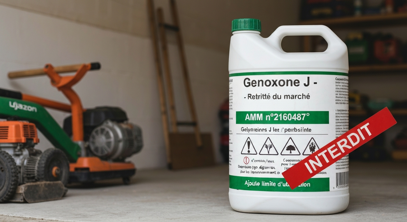 Bidon d'herbicide Genoxone J avec étiquette 'Retiré du marché', AMM barrée et pictogrammes CLP, posé devant un garage et une pelouse floue.