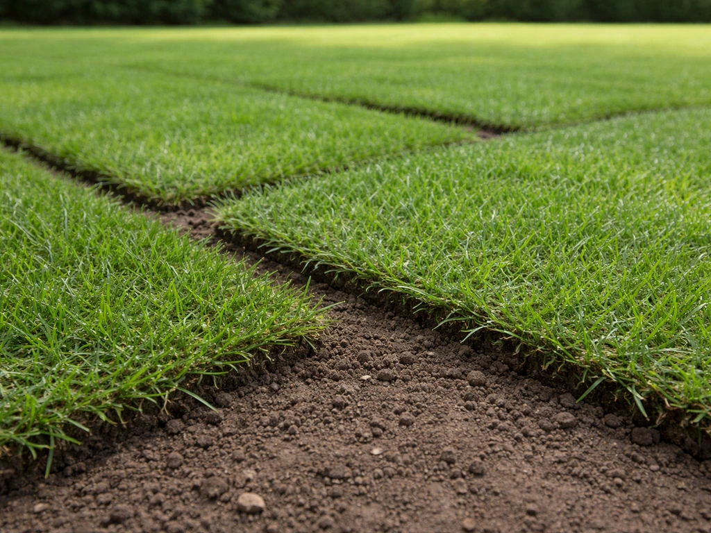 Rouleaux de gazon posés sur sol bien drainé, jeunes brins verts qui s’installent.