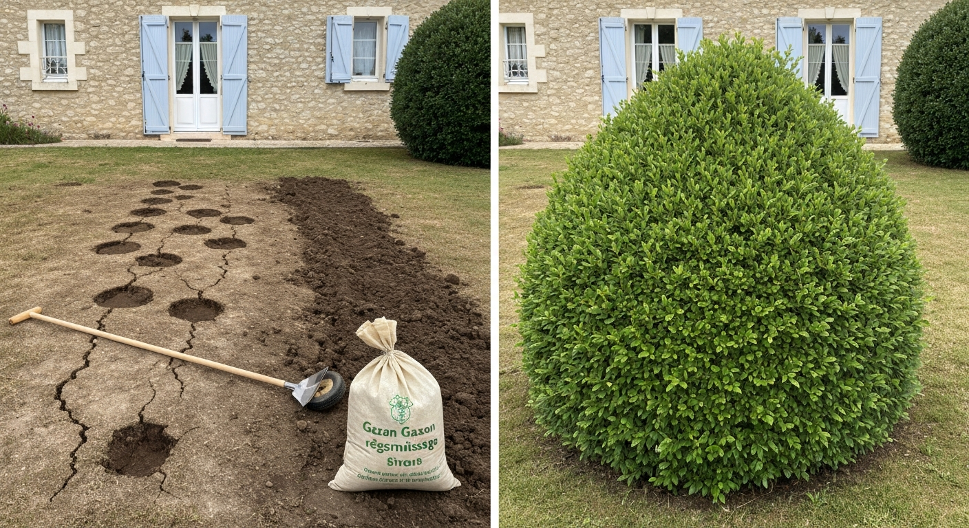 Diptyque photo montrant une pelouse partiellement abîmée (taches jaunes, zones pelées) à gauche et la même pelouse rénovée et verte à droite, avec outils de jardin posés au sol.