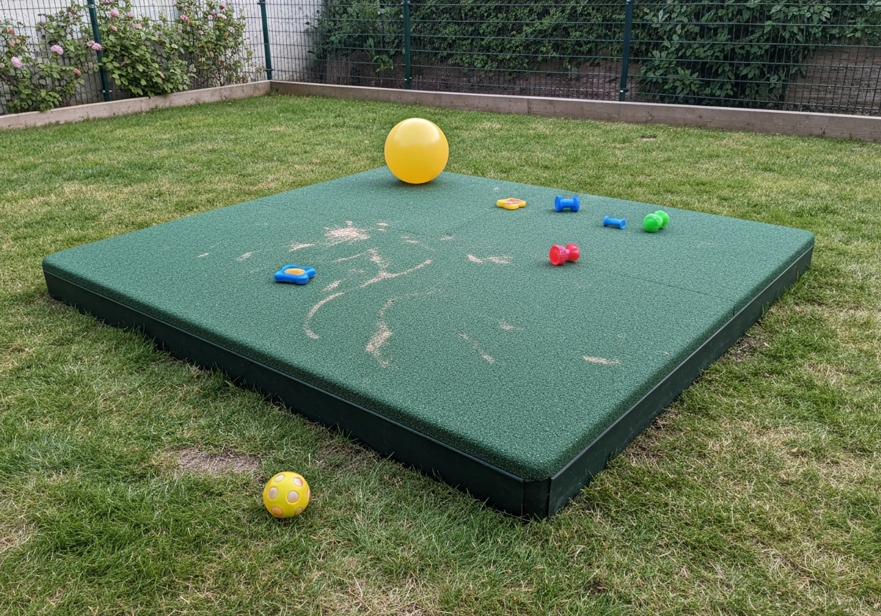 Jardin familial : gazon dense avec ballon et jouets au sol, suggérant un usage fréquent et résistant.