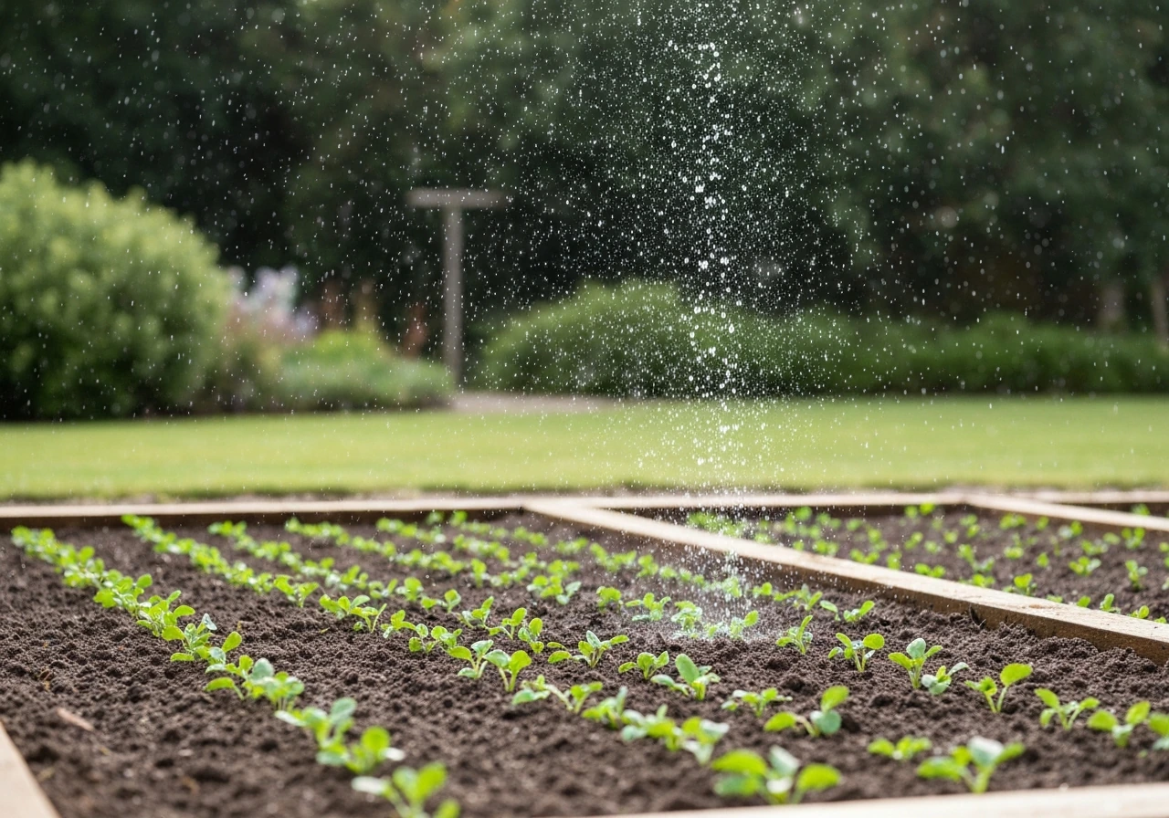 Arroseur en pluie fine sur jeunes pousses de gazon et terre fraîchement préparée, sans jet direct.