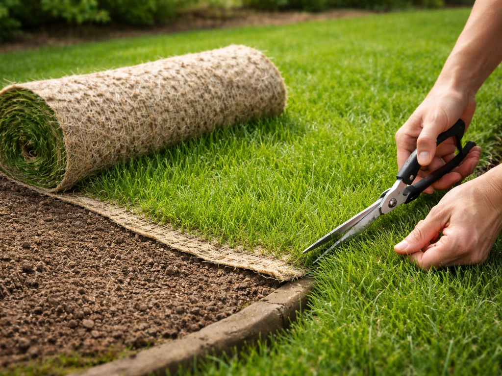 Rouleau de gazon présemé déroulé, avec toile biodégradable, découpé aux ciseaux près d’un bord de jardin.