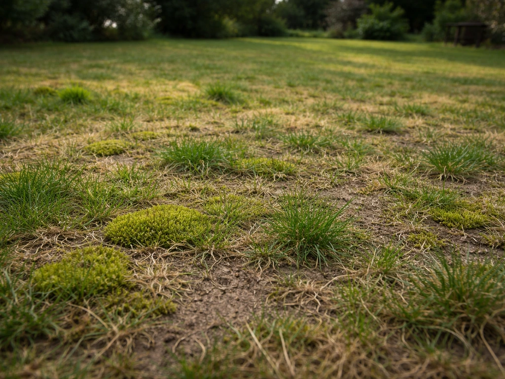 Vue au ras du sol d’une pelouse clairsemée avec zones de mousse et zones qui lèvent en retard