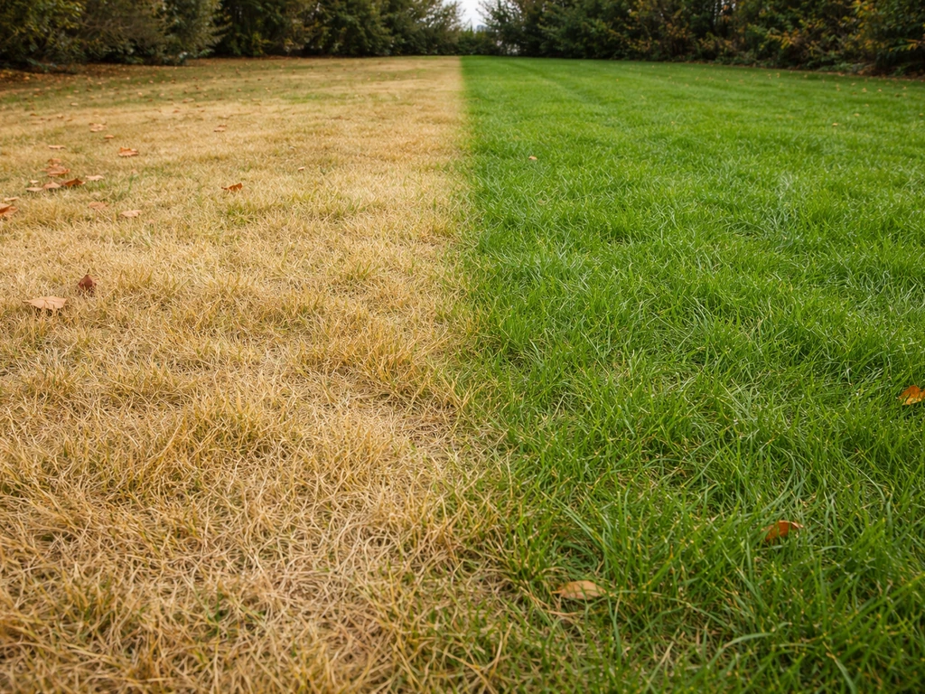 Pelouse jaunie en été à côté d’une zone plus verte et dense, reprise automnale visible.