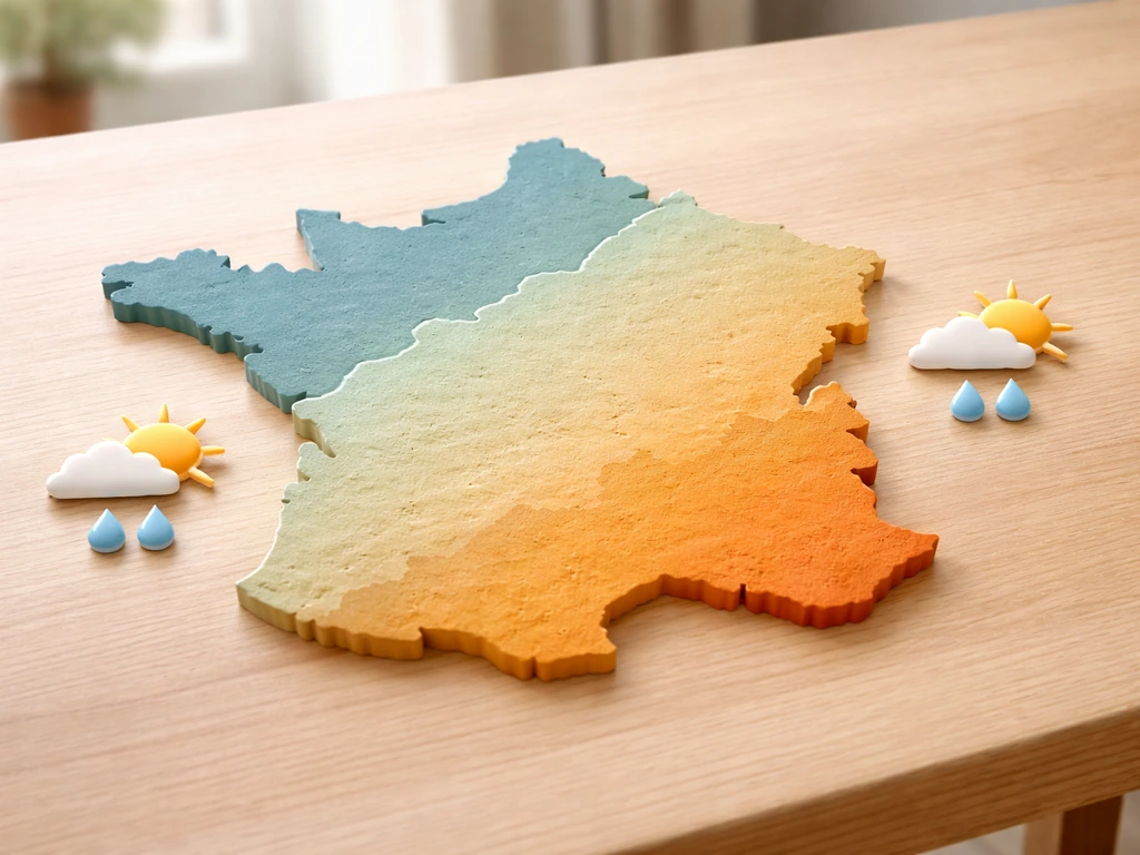 Carte muette de la France séparée Ouest/Atlantique et Sud, avec pictos soleil et sécheresse sur fond bois.