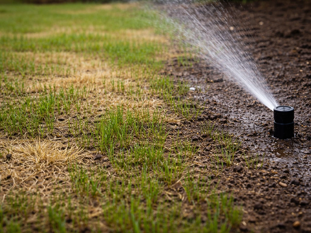 Gros plan de jeunes semis, zones jaunies et zones vertes, arrosage ciblé par gicleur au sol humide