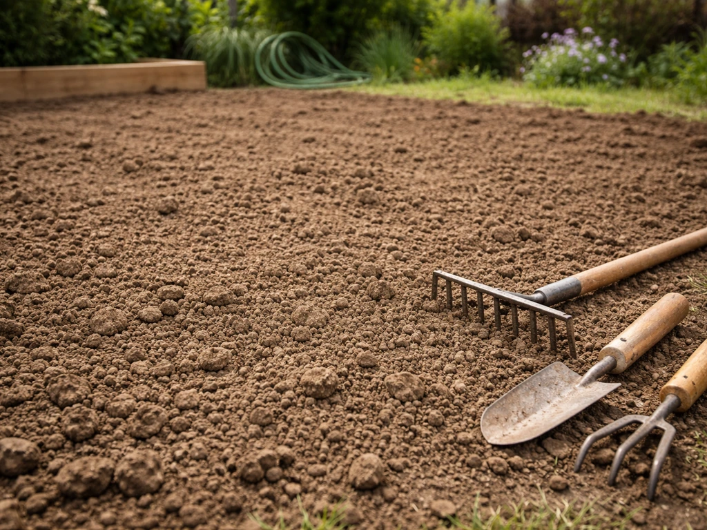 Terre nue fraîchement retournée et émiettée, prête pour le semis, dans un jardin.