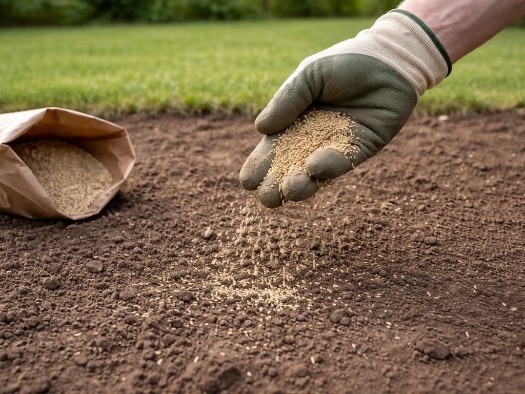 Main gantée qui sème des graines de pelouse sur un sol émietté, sac ouvert à côté, jardin au calme.