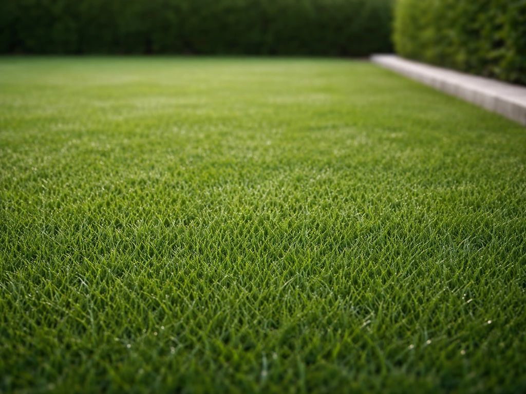 Pelouse très dense et régulière, bord de jardin net, brins fins visibles, rendu « gazon parfait »