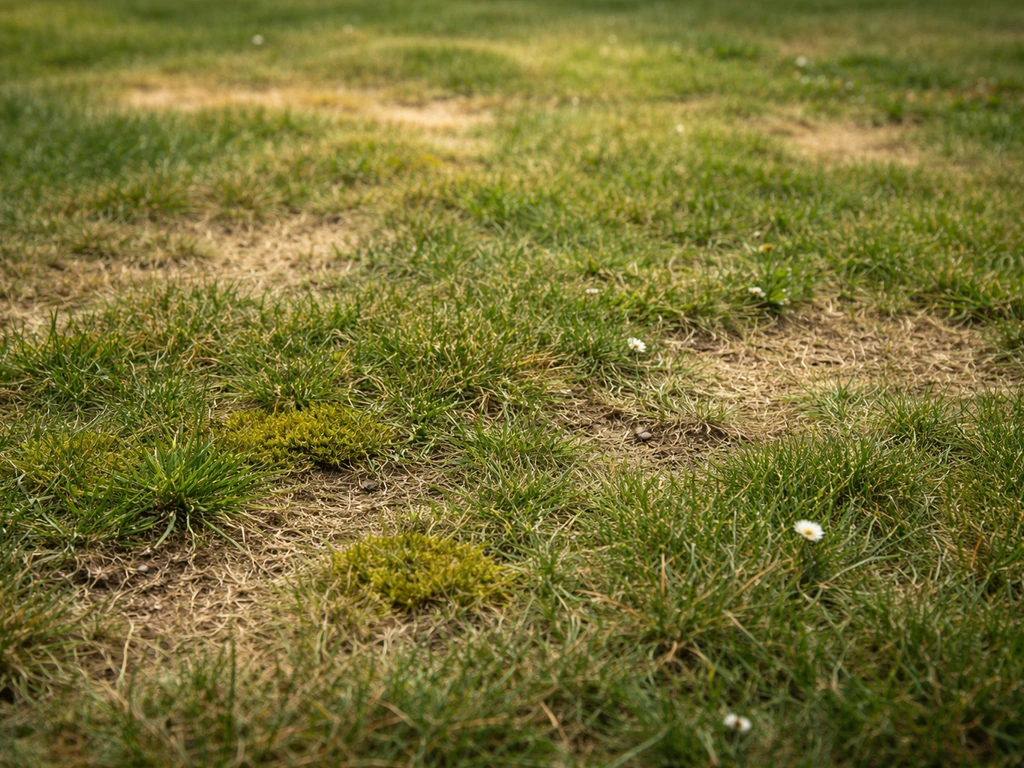 Gros plan sur une pelouse jaunie avec mousse et plaques claires, vue rapprochée du sol