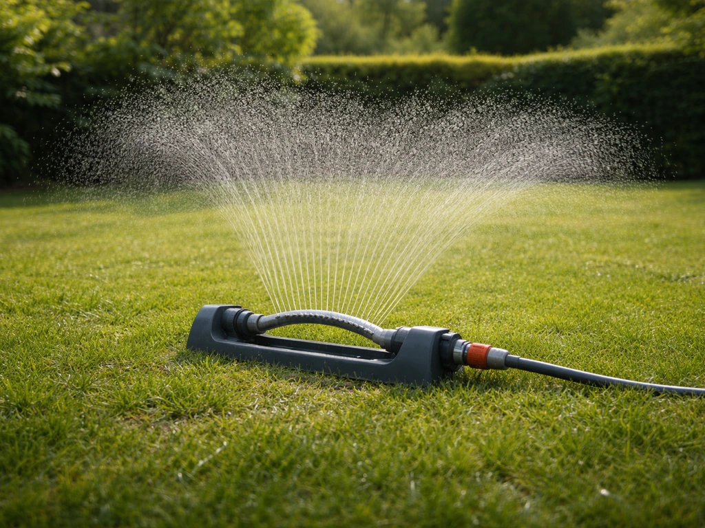 Arroseur oscillant sur une pelouse, pluie fine et sol légèrement humide dans un jardin calme.