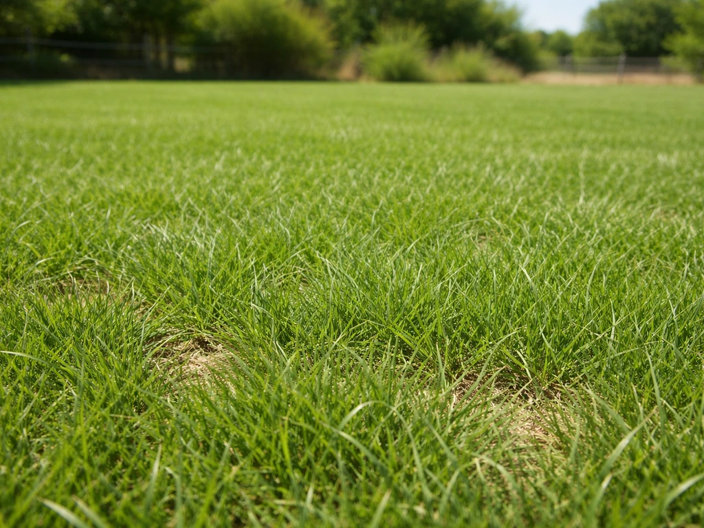 Pelouse dense et verte de Cynodon dactylon en été, sous un ciel ensoleillé, vue au ras du sol.