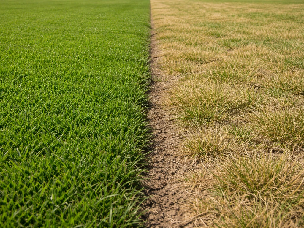 Pelouse dense et verte au soleil près d’une zone plus jaunie par manque d’adaptation climatique