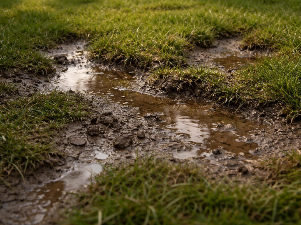 Pelouse qui s’affaisse près de flaques d’eau sur un sol argileux, mauvais drainage visible.