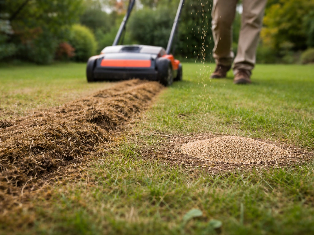 Déchaumage au scarificateur au printemps, puis regarnissage discret sur une pelouse clairsemée