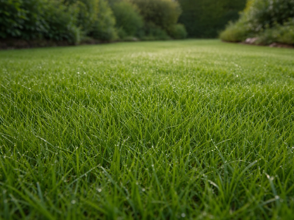 Gazon dense et vert, brins bien serrés, vue au ras de l’herbe avec rosée, sans personnes.