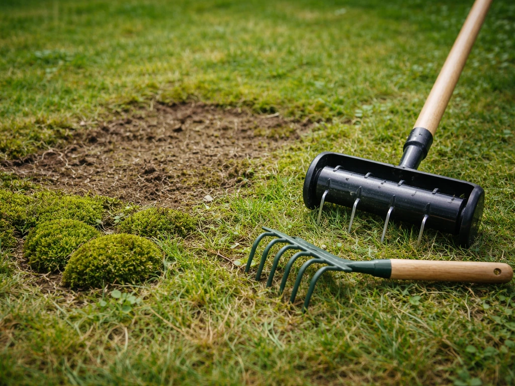 Pelouse clairsemée avec plaques de terre et mousse, outils de jardin posés pour aérer et regarnir.