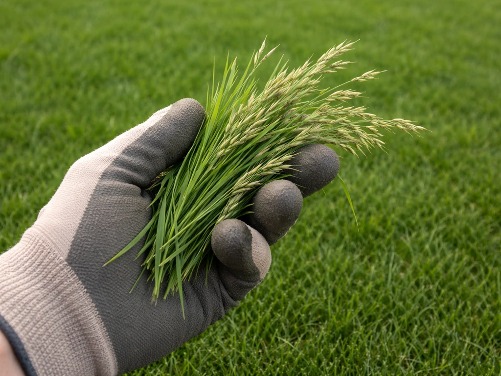 Main gantée tenant des brins d’herbe, pelouse dense en arrière-plan, texture de fétuque élevée.