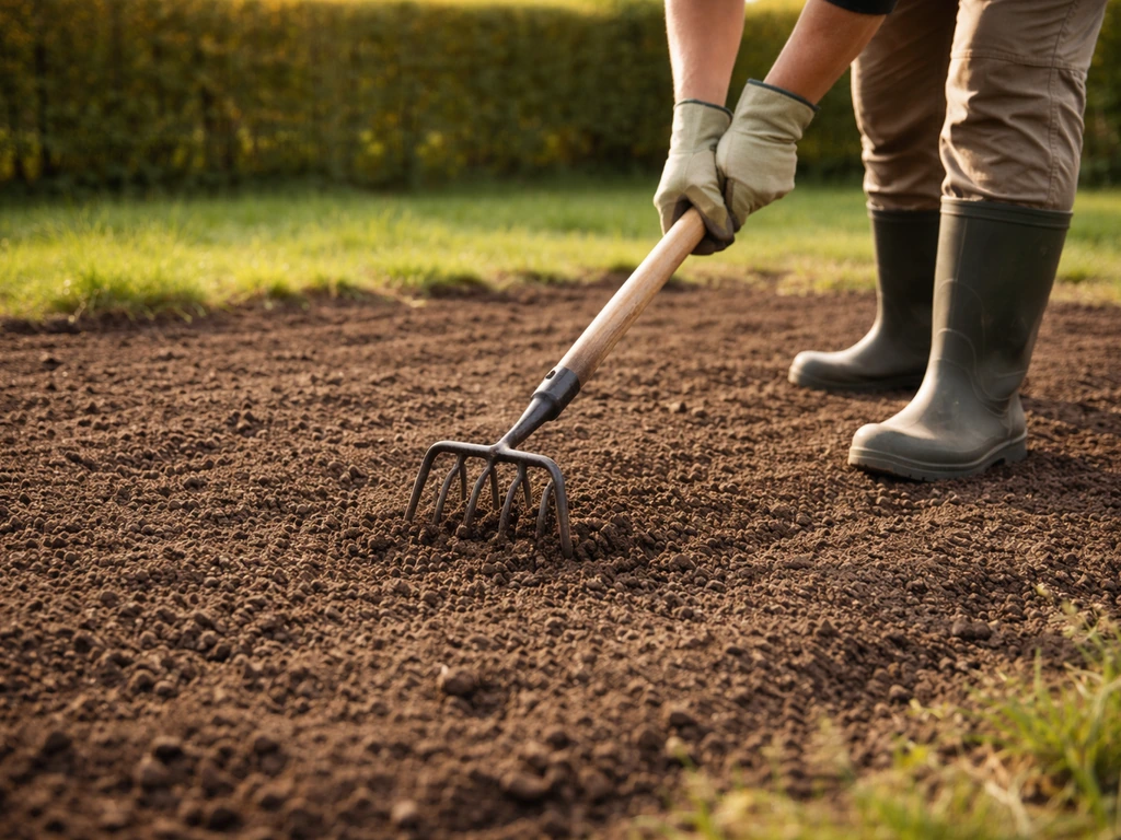 Jardin : terre nivelée et décompactée avant semis du gazon, main avec outil de jardinage visible.