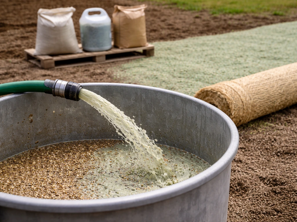 Cuve de mélange sur chantier paysager, semences et fibres mulch au sol, emballages de produits génériques en arrière-pla