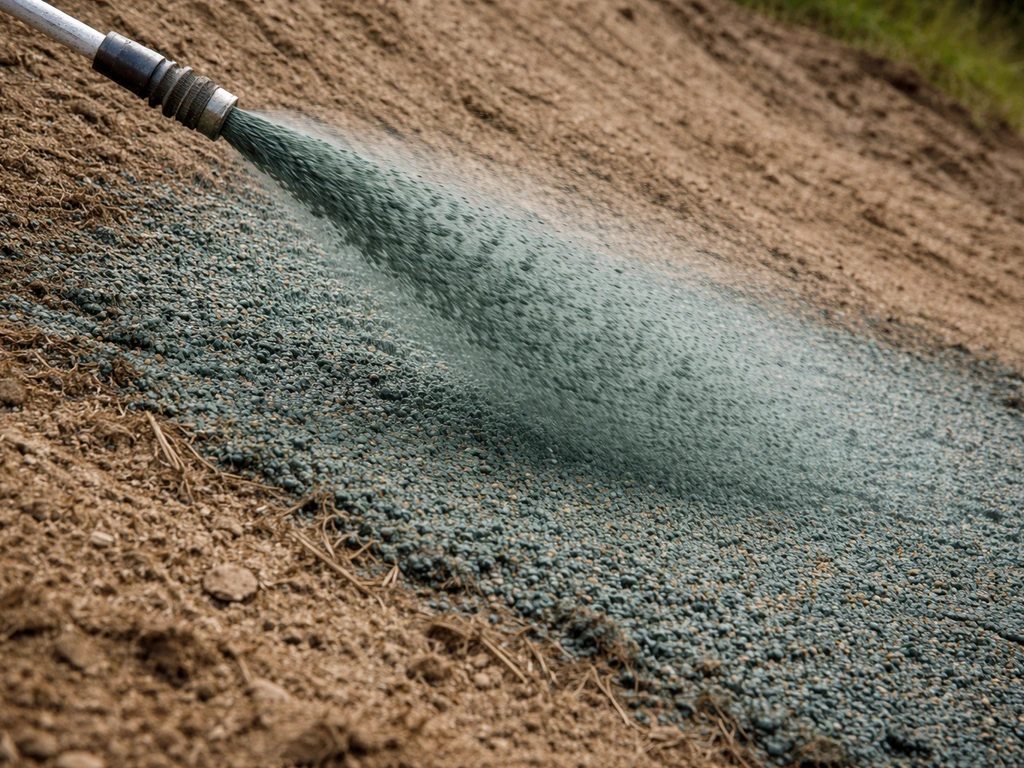 Application d’hydromulching : couche épaisse projetée sur une surface de sol, avec fibres et fixateurs visibles