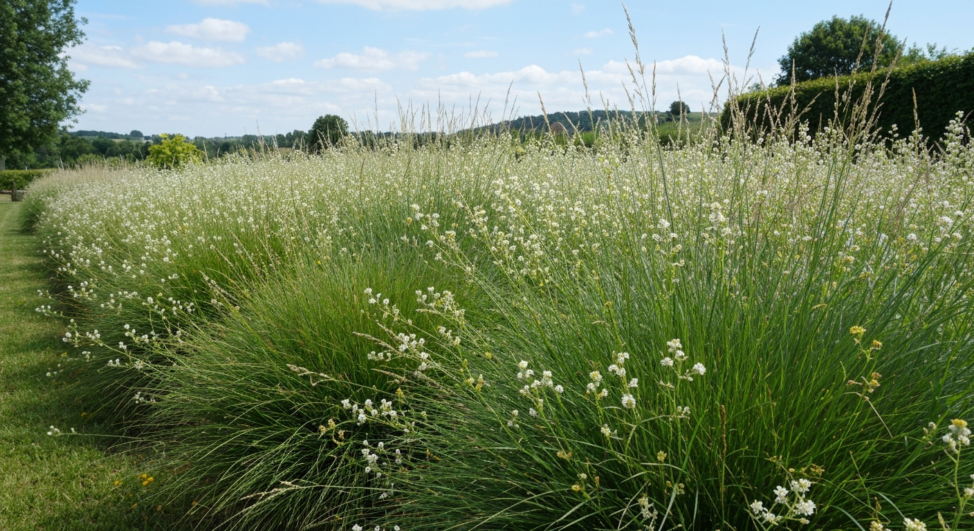 Pelouse type « gazon suisse » dense et fleurie dans un jardin tempéré, vue panoramique