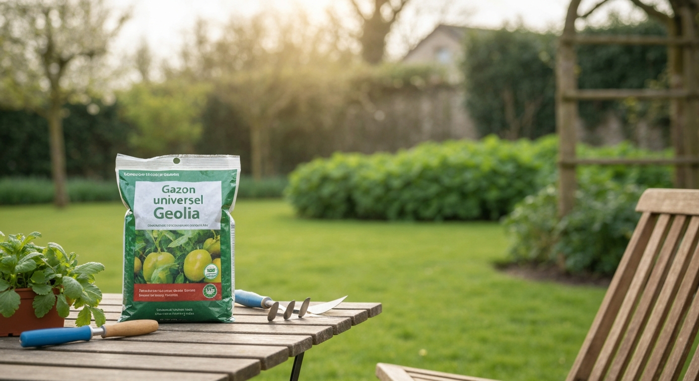 Jardin familial au printemps avec sachet de gazon universel Geolia et outils de jardinage