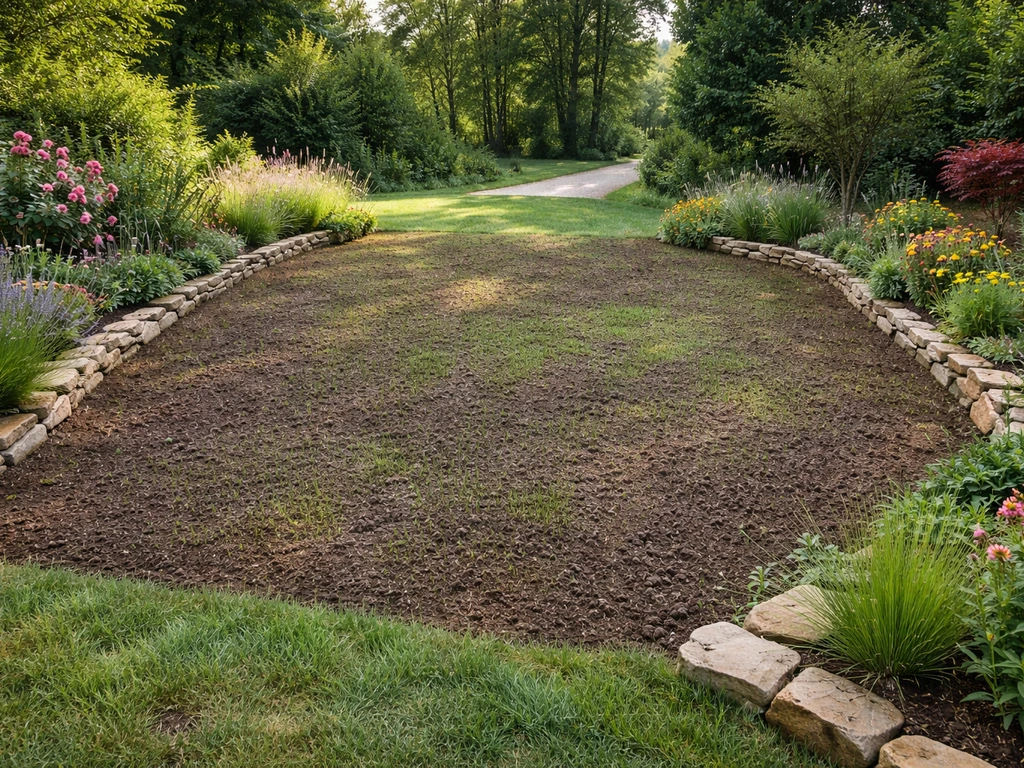 Jardin français avec pelouse fraîchement semée, bordée de massifs, rendu naturel et concret.