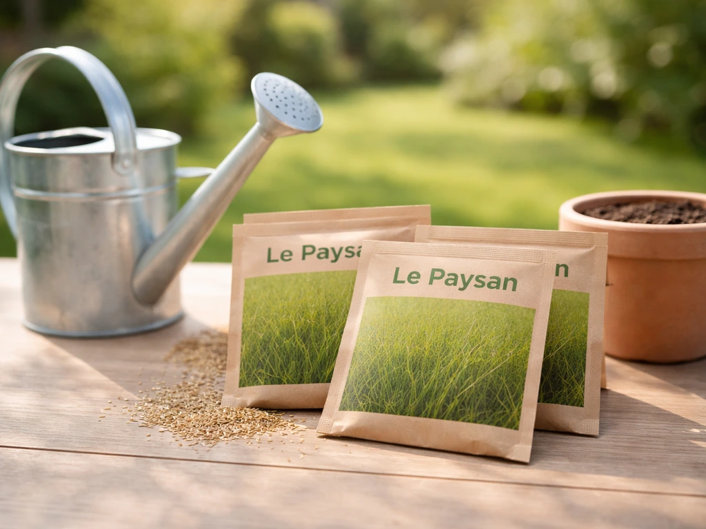 Sachets de semences de gazon prêts à l’emploi, disposés sur une table près d’un jardin au soleil.