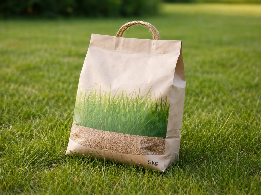 Sac de gazon universel Carrefour 5 kg posé dans un jardin, prêt pour le semis.