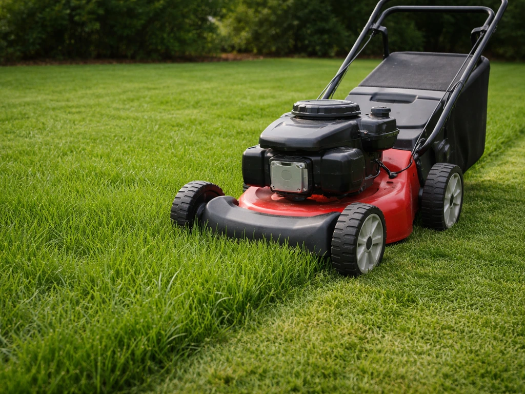 Tondeuse réglée sur herbe d’environ 7–8 cm, première tonte au jardin avec coupe nette.