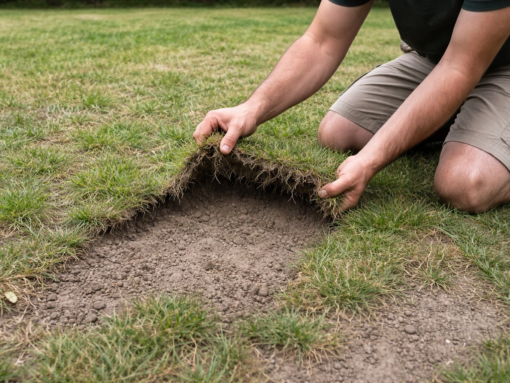 Zone de gazon clairsemée avec sol compacté visible, montrant le problème de compactage dans le jardin.
