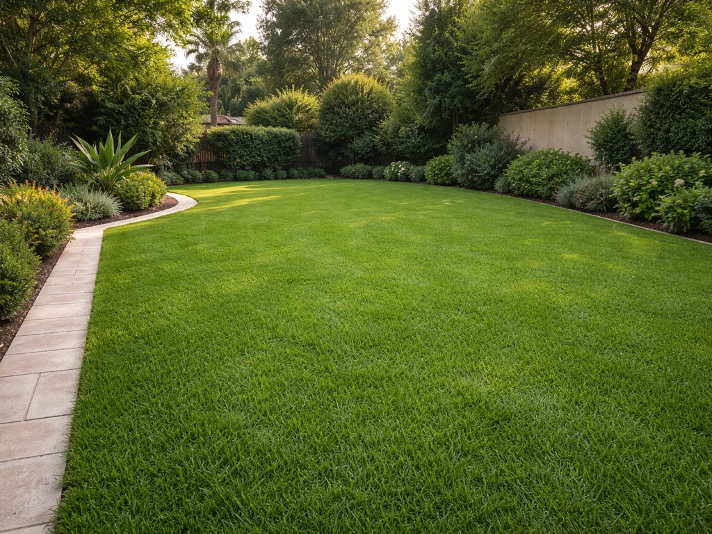 Jardin français avec une pelouse de kikuyu dense et verte, bordures nettes, aspect tropical naturel.